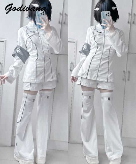 White Futuristic Outfit, Cybercore Aesthetic Outfits, Cybercore Outfit, Epic Clothes, Zipper Jacket, Short Suit, White Outfits, Leg Warmers, Aesthetic Clothes