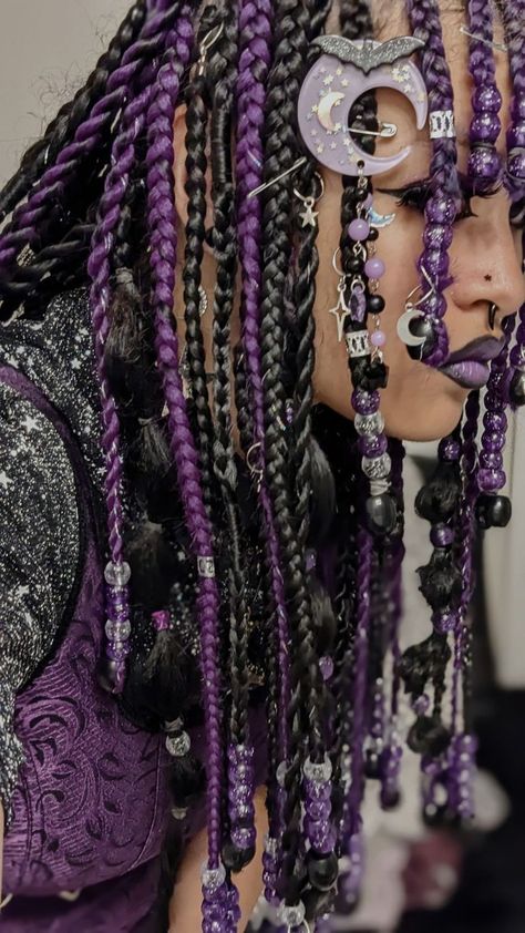 Locs With Tinsel, Afro Alternative Hair, Multicolor Butterfly Locs, Box Braids Multicolor, Gothic Braids, Transfem Aesthetic, Black Punk Hairstyles, Black And Purple Braids, Goth Braids