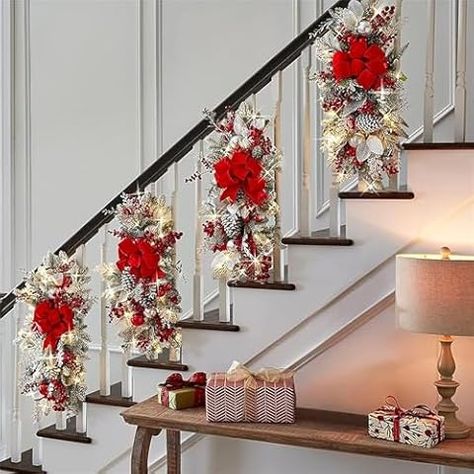 Amazon.com: Christmas Stair Swags Christmas Light Up Staircase Garland Artificial Stairs Teardrop Swag Christmas Wreaths with Berry Maple Cordless Christmas Staircase Decorations for Wall Window Hanging (Gold) : Home & Kitchen Christmas Stairs Decorations, Christmas Stairs, Christmas Lights Garland, Christmas Staircase, Teardrop Swag, Christmas Wreaths & Garlands, Christmas Swag, Artificial Christmas Wreaths, Staircase Decor