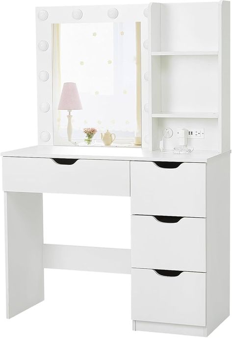 Amazon.com: Cibeat Makeup Vanity with Lights & Power Outlet, Vanity Table with 4 Drawer, 3 Lighting Color Vanity Desk with Mirror and Lights : Home & Kitchen White Makeup Desk, Desk With Vanity, Modern Vanity Makeup, Color Vanity, Makeup Vanity With Lights, Desk For Bedroom, Makeup Vanity With Drawers, Vanity With Lights, Bedroom Vanity Set