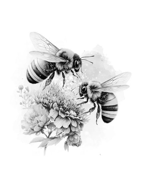 Bees On Flowers Tattoo, Floral And Insect Tattoo, Bee Flower Drawing, Fuzzy Bee Tattoo, Black And White Bee Tattoo, Two Bees Tattoo, Flying Bee Tattoo, Bee With Flowers Tattoo, Bumble Bee Tattoo Design