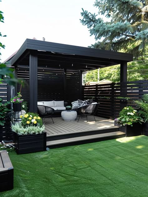 Black Backyard Ideas, Pergola On Deck Ideas, Cozy Backyard Ideas Landscaping, Small Courtyard Ideas Garden Nook, Modern Garden Landscape, Outdoor Patio Designs, Backyard Seating, Deck Designs Backyard, Backyard Pavilion