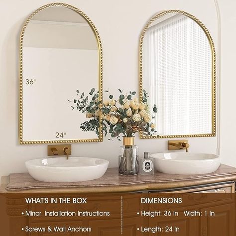 Amazon.com: Arched Wall Mirror for Bathroom - 24"x36" Metal Beaded Frame Decorative Accent Mirror, Large Modern Rustic Distressed Hanging Wall Decor for Washroom, Bedroom, Living Room, Entryway, Antique Gold : Home & Kitchen Arched Wall Mirror, Beaded Frame, Arched Wall, Mirror For Bathroom, Bead Frame, Mirror Wall Bathroom, Accent Mirror, Wall Mounted Mirror, Accent Mirrors