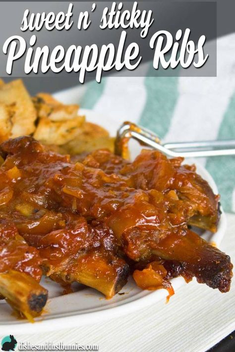 Sweet and Sticky Pineapple Ribs from dishesanddustbunnies.com Pineapple Ribs Recipe, Pineapple Ribs, Pork Riblets Recipe, Sticky Ribs Recipe, Riblets Recipe, Pork Riblets, Sticky Ribs, Slow Cooked Ribs, Barbecue Pork Ribs