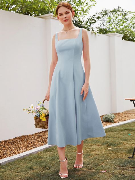 Square Neck Sleeveless A-line Dress Light Blue Aline Dress, Flowy A Line Dress, Square Neck Sleeveless Dress, Simple Light Blue Dress, Casual Blue Dress, Aline Dresses For Women, Square Neck Dresses, A Line Dress Casual Simple, Simple Dresses Formal