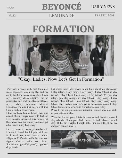 Formation Beyonce, Beyonce Formation, Givenchy Dress, Daily News, Newspaper, Beyonce, High School, Songs, Let It Be