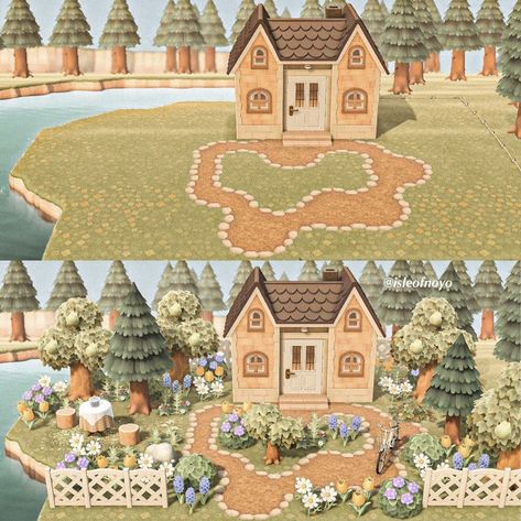 Made by unknown Happy Island Designer Ideas, Animal Crossing School Names, Maison Animal Crossing New Horizon, Acnh Designs Paths, Acnh Island Names, Island Home Exterior, Acnh Island Design Ideas, Cottage Core Animal Crossing, Animal Crossing Design