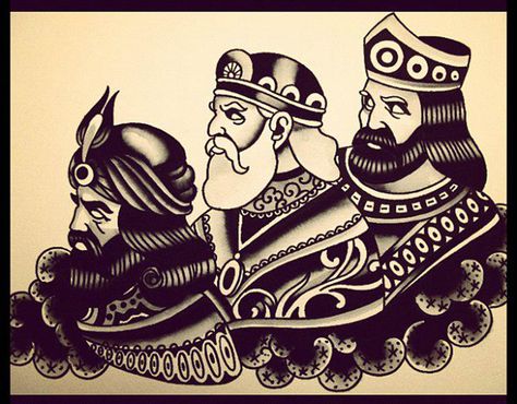 3 wise men Religous Tattoo, Three Kings Tattoo, Holy Tattoos, Nativity Ideas, Trad Tattoos, Three Magi, Xmas Costumes, 3 Kings, We Three Kings