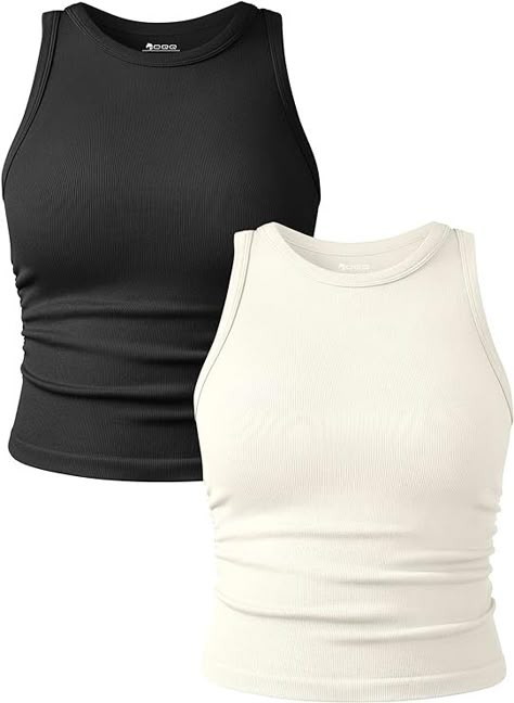 OQQ Women's 2 Piece Tank Tops Crew Neck Sleeveless Basic Stretch Casusal Yoga Crop Camis Black Beige at Amazon Women’s Clothing store Christian Modest Outfits, Clothing Basics, Amazon Orders, Modest Girl, Sheer Long Sleeve, Slim Fit Top, Long Sleeve Sequin, Black Camis, Cropped Cami