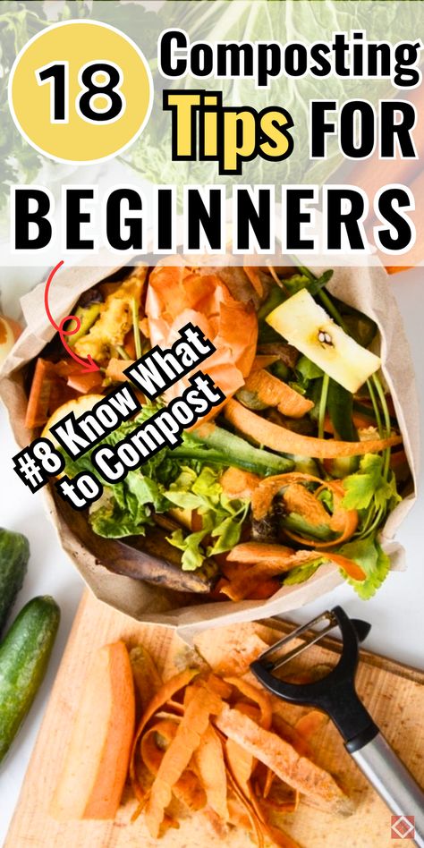 Learn how to start composting with these 18 essential tips! This beginner-friendly guide explains the composting process, from what materials to use to maintaining your compost bin for optimal results. Ideal for those new to composting, each tip helps you turn kitchen scraps into garden-enhancing compost. Save this pin for a hassle-free start to composting! Kitchen Composting For Beginners, What To Compost Chart, Making A Compost Bin Diy, Compost Chart, Small Compost Bin Diy, How To Start A Compost Bin, Composting For Beginners Diy, What Is Compost, Compost Bin Kitchen