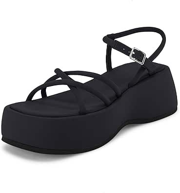 Platform Sandals With Cross Strap, Synthetic, Slip-on Platform Wedge Sandals In Synthetic, Black Espadrille-style Wedge Sandals With Platform, Black Synthetic Slip-on Wedge Sandals, Black Textured Sole Slip-on Wedge Sandals, Strappy Platform Sandals, Comfortable Dress, Platform Wedges, Strappy Sandals