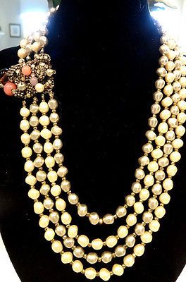 Miriam Haskell 4-Strand Baroque Pearl  Necklace w/ Large SPECTACULAR Clasp Miriam Haskell Necklace, Miriam Haskell Jewelry, Pearl Vintage, Style Baroque, Miriam Haskell, Baroque Pearl Necklace, Multi Strand Necklace, Pink Glass, American Design