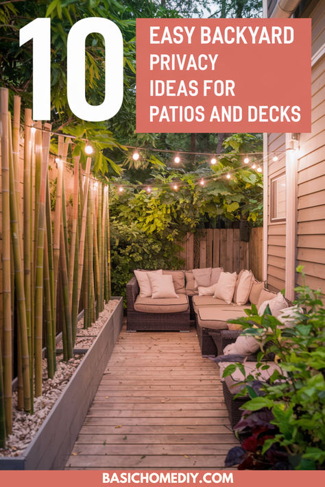 Find 10 clever DIY backyard privacy ideas for patio and deck. Whether you have a small yard or large yard, create privacy from neighbors with solutions like bamboo screens, evergreen trees, hedges, or bushes. Add a trellis, privacy wall, or canopy, and enjoy your jacuzzi, hot tub, or pool with privacy. Use plants, curtains, or an arbor tree to design a serene space on a budget. These ideas work beautifully for porches, decks, and patios, offering stylish privacy for homes with close neighbors. Privacy Planters For Decks, Privacy Wall Around Pool, Diy Backyard Pergola Ideas, Campsite Privacy Ideas, Backyard Patio Privacy Ideas, Backyard Patio With Pergola, Privacy Ideas For Small Patios, Privacy Pergola Ideas, Privacy Fence For Hot Tub