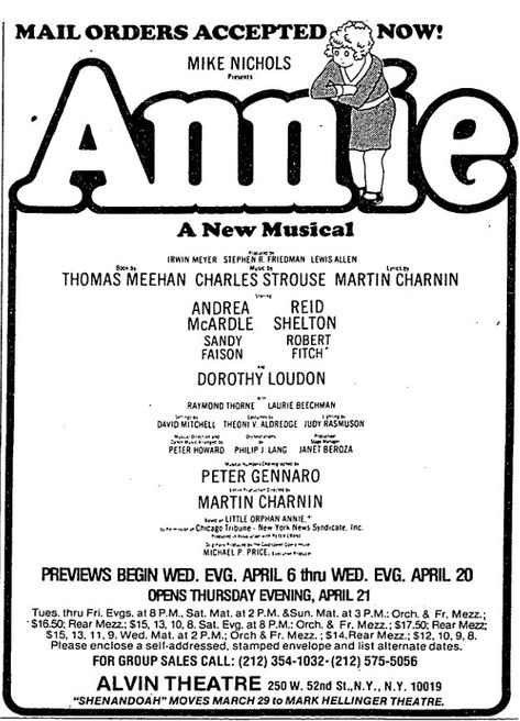 Display Ad for the 1977 Broadway Production of the musical "Annie" at what is now called the Neil Simon Theatre. Annie Jr, Annie Musical, Display Ads, Broadway, Musical, Books