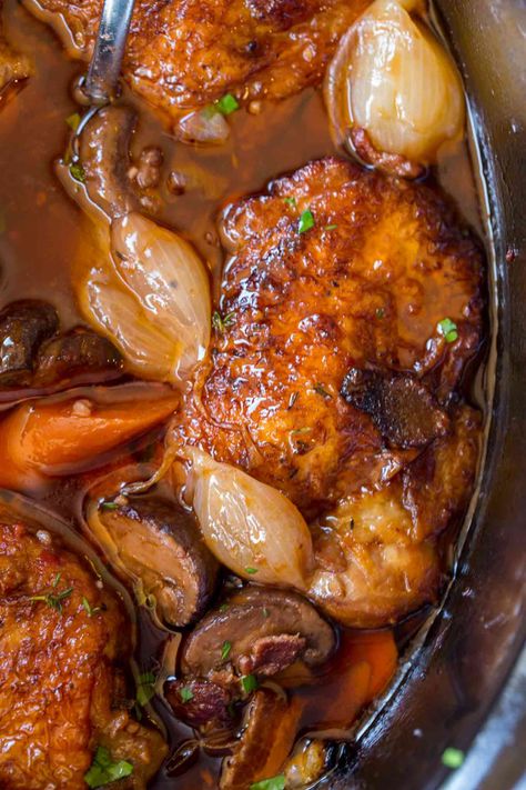 Coq Au Vin Slow Cooker, Chicken Coq Au Vin Recipe, Chicken Coq Au Vin, Slow Cooker Coq Au Vin, Wine Braised Chicken, Slow Cooker Whole Chicken, Coq Au Vin Recipe, Classic French Dishes, Braised Chicken