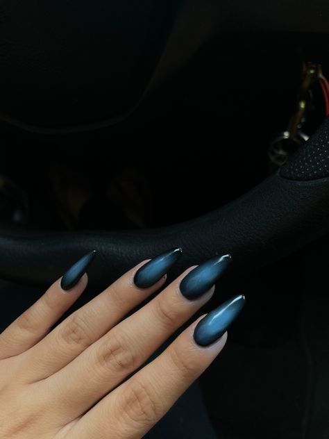 Black Blue Aura Nails, Blue And Black Almond Nails, Grunge Aura Nails, Short Almond Aura Nails, Blue Nails Aura, Black And Blue Aura Nails, Siren Nails Aesthetic, Aura Blue Nails, Aura Nail Design