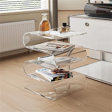 Wrought Studio Guthrey Modern Light Luxury Acrylic Coffee Table, Corrugated with Storage (Transparent Color) | Wayfair Acrylic Side Table, Acrylic Coffee Table, Small Bookshelf, Bedroom Bedside Table, Living Room Side Table, Living Room End Tables, Small Coffee Table, Apartment Decor Inspiration, Sofa Side Table