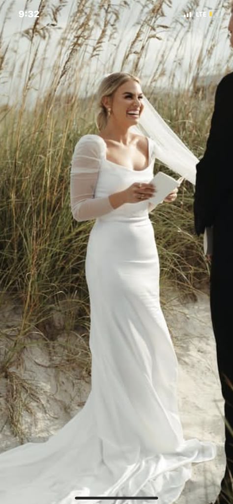 Sleep Wedding Dress, Simple Beach Wedding Dress With Sleeves, Simple Form Fitting Wedding Dress With Sleeves, Mesh Sleeved Wedding Dress, Classic Winter Wedding Dress, Elegant Simple Wedding Dress Long Sleeve, Wedding Dresses For Hour Glass Figures, White Sheer Sleeve Wedding Dress, Hamptons Wedding Dress