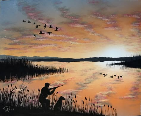 Duck Hunting Painting Canvas, Hunting Painting Ideas, Hunting Painting Easy, Hunting Mural, Duck Hunting Painting, Hunters Journal, Western Painting Canvas, Garage Mural, Waterfowl Art