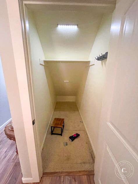 Closet Designs Under Stairs, Under Staircase Pantry Shelving Ideas, Under Closet Storage, Small Pantry Design Under Stairs, Turn Under Stairs Closet Into Pantry, Under Staircase Closet Storage Ideas, Closet Pantry Ideas Diy, Pantry Shelves Under Stairs, Pantry Organization Ideas Under Stairs