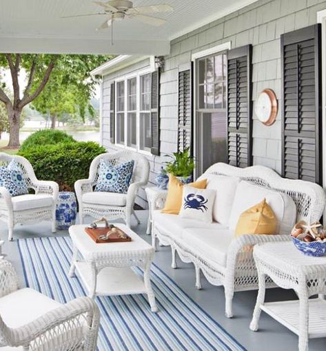 White Outdoor Wicker Seating with Coastal Flair | Shop the Look - Coastal Decor Ideas Interior Design DIY Shopping White Wicker Patio Furniture, Veranda Furniture, Wicker Porch Furniture, Southern Front Porch, Porch Styling, White Wicker Chair, Resin Wicker Furniture, Cottage Style Living Room, White Wicker Furniture