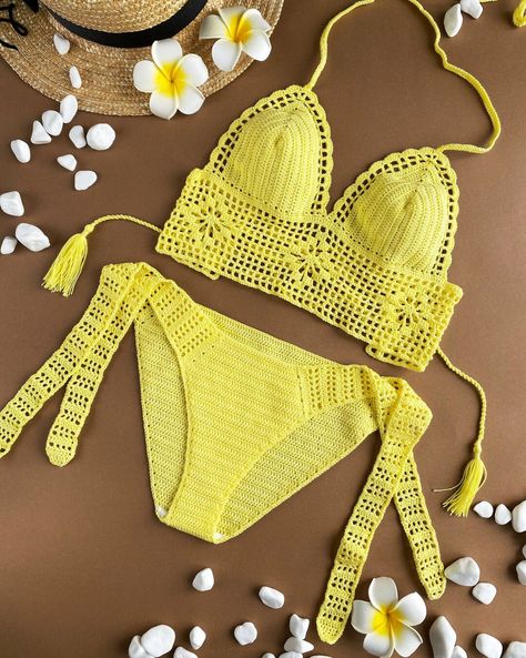 Yellow Crochet Bikini Set Handmade Sexy Swimwear Knitted - Etsy Knit Swimsuit, Swimsuit Yellow, Wedding Swimwear, Tank Tops Diy, Crochet Two Piece, Knit Swimwear, Crochet Boho Top, Boho Style Tops, Crochet One Piece