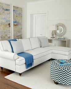 White sofa with light blue contrast piping White Sectional With Chaise, Jonathan Louis Sectional Choices, Ashley Furniture White Sectional, Bernhardt Stafford Sectional, Bedford Park Sectional, Sectional Furniture, Apartment Sofa, White Sofas, Blue Interior