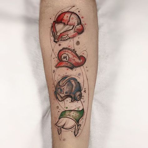 super Nintendo..Dúvidas e orçamentos - WhatsApp (11) 94240-4706 Color Tatoos, Videogame Tattoos, Gamer Tattoo Ideas, Metroid Tattoo, Zelda Tattoo Ideas, Nerdy Tattoos, Zelda Tattoo, Gamer Tattoos, Super Metroid