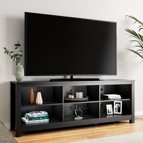 PRICES MAY VARY. 【Classic TV Stand】 The 70 inch TV Cabinet is perfect for 75'' TV, of course, it is also suitable for 50'' 55”60'' 65'' 70''flat screens. With simple appearance,the practical television stands matche any style of room decoration perfectly, and also can be used as a media console, entertainment center and tv table,meeting your various needs. 【Humanized Detail Design】The black finishes give this entertainment center a look of real wood.Without the limitation of the back board allow Tv Room Table Decor, Living Room Dark Gray Couch Decor, Entertainment Center Ideas Black, Black Entertainment Center Decor, Living Room Tv Table Decor, Black Tv Stand Decor, Metal Tv Stand Ideas, 65 Inch Tv Stand Ideas, 55 Inch Tv Living Room