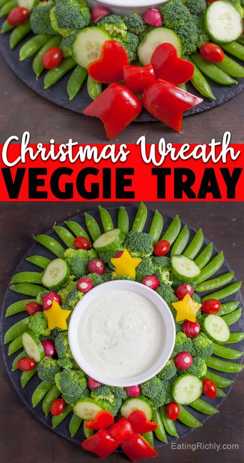 Create a showstopping holiday appetizer with vegetables. It's so easy to make a Christmas wreath veggie tray! Serve with your favorite dip. We like vegan ranch. #veggies #vegetables #veggietray #christmasfood #christmasmenu #christmaspotluck #christmasappetizer #holidayappetizer #appetizers #appetizerrecipes #cutefood #foodart Veggie Wreath, Easy Veggie Dip, Eggnog Rezept, Xmas Foods, Caroling Party, Christmas Veggie Tray, Veggie Christmas, Christmas Vegetables, Festive Wreaths