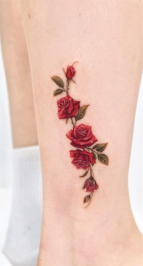 Ivy With Flowers Tattoo, Red Rose Tattoos For Women, Dark Red Rose Tattoo, Rose Color Tattoo, Color Tattoo Flower, Rose Cross Tattoo, Rose Thorn Tattoo, Tattoos Roses, Wrap Around Ankle Tattoos