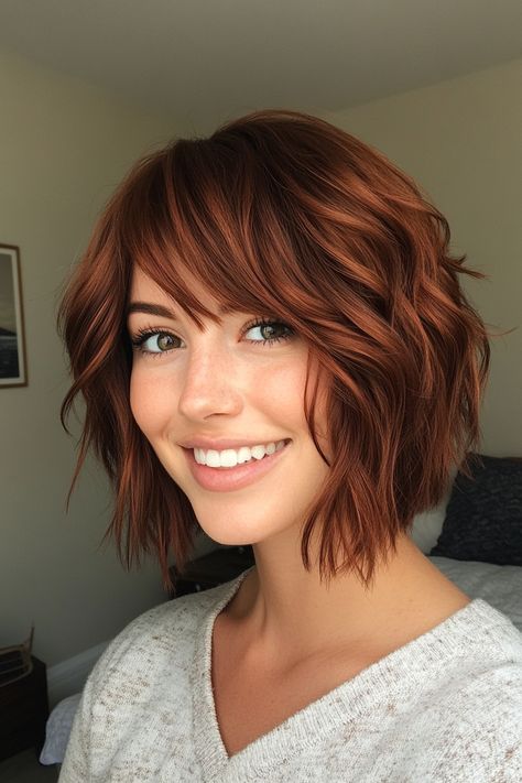 25. Rich Chestnut Layered Bob with Choppy Fringe (Layered Bob Hairstyles) - Layered Bob Hairstyles Choppy Bob With Fringe, Choppy Fringe, Bobbed Hairstyles With Fringe, Emo Hairstyle, Bob With Fringe, Short Layered Bob Hairstyles, Morning Hair, Short Sassy Haircuts, Sassy Haircuts