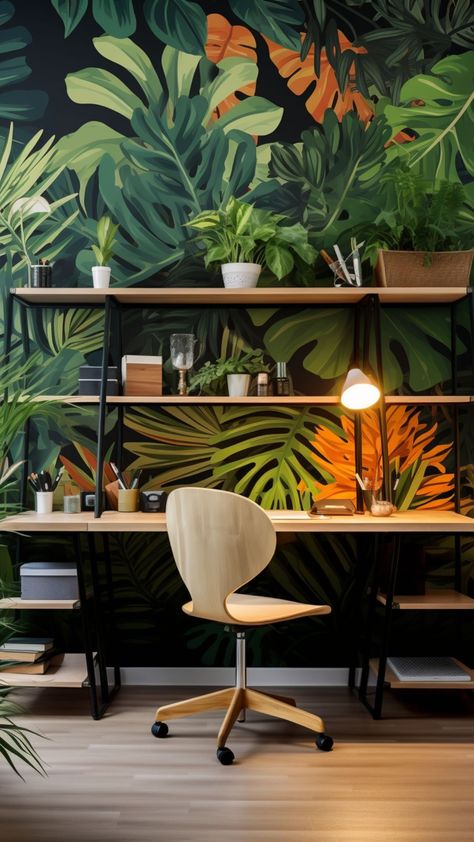 work from home office setup work from home office office desk decor wfh office ideas Jungle Theme Office, Tropical Office Decor, Dream Office Home, Office Greenery, Whimsical Office, Green Home Offices, Home Office Creative, Natural Office, Office Goals