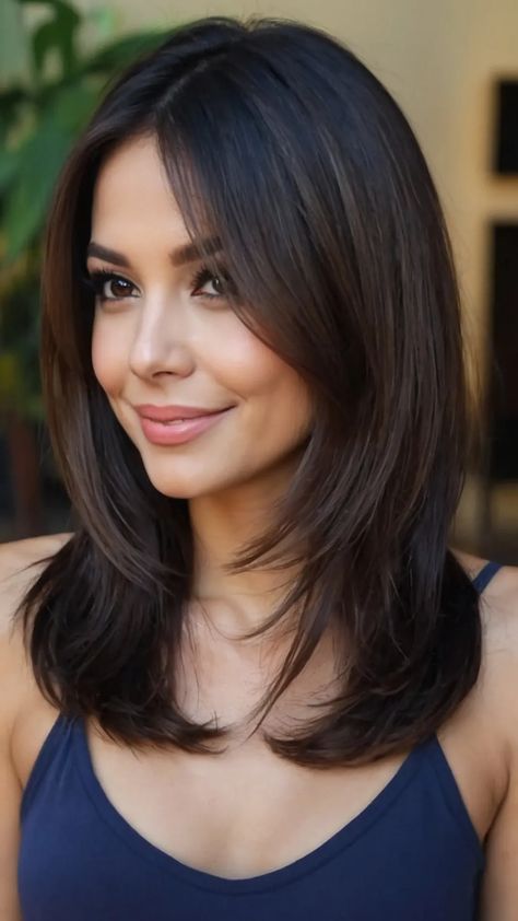 Mid Length Hair With Layers Blowout, Mid Hair Length With Bangs, Mid Length Hairstyle Women Fine Hair, Straight Layered Bob Haircut, Short Hair Thick Straight, Pretty Haircuts Medium Straight Hair, Medium Length Haircut Round Face For Women, Soft Layers With Wispy Bangs, Hair Lengths Mid Length