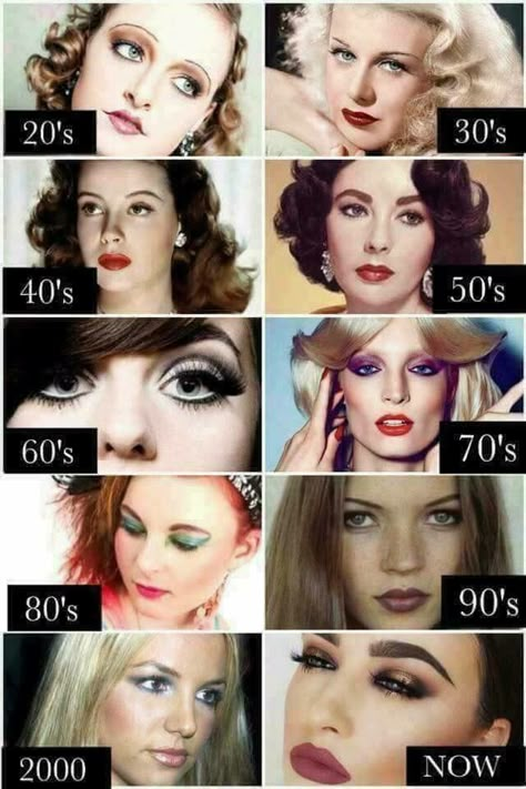 Make up through the decades .... Beauty Through The Decades, Vintage Makeup Photoshoot, 1950s Fashion Makeup, 40s Style Makeup, 50s And 60s Makeup, 90s Beauty Standards, 1900 Makeup Look, 1900s Makeup Look, 50s 60s Makeup