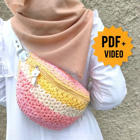 Pattern + Video Tutorial- Jasmine Fanny Pack-  Crochet Bag Pattern- Crochet Waist Bag- Crochet Fanny Pack by TutorialRajut on Etsy Crochet Fanny Pack, Cross Body Bag Pattern Free, Belt Bag Pattern, Crossbody Bag Tutorial, Fanny Pack Pattern, Cross Body Bag Pattern, Crochet Bags, Bag Pattern Free, Bike Bag