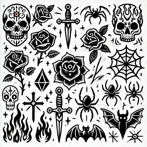 Pumpkin Skull Tattoo, Spooky Patchwork Sleeve, Spooky Tattoo Flash, Traditional Black And Grey Tattoos, Friday The 13th Tattoo Ideas, Small Filler Tattoo Ideas, American Traditional Skull, Small Traditional Tattoo Fillers, Paw Print Drawing