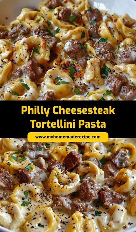 This Philly Cheesesteak Tortellini Pasta is a cheesy, flavorful fusion of two favorites! With tender steak, cheesy tortellini, and a savory sauce, it’s an irresistible dinner idea for busy nights. Beef And Peppers, Unique Pasta Dishes, Cheesy Dinner, Cheesy Tortellini, Unique Pasta, Unique Dinner, Pasta Easy, Tortellini Recipes, Tortellini Pasta