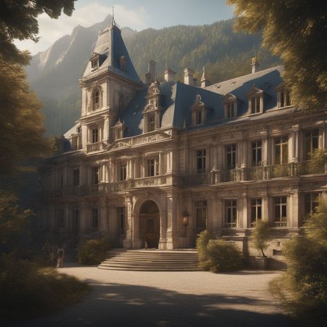 A large old French academy of magic with a hostel in the woo... by ERI VS - Playground Big Academy Building, Magical Academy Building, Fantasy Academy Aesthetic, Witch School Building, Magical Academy Aesthetic, Wizard School Aesthetic, Fantasy Guild Building, Magic Academy Building, Fantasy Academy Art