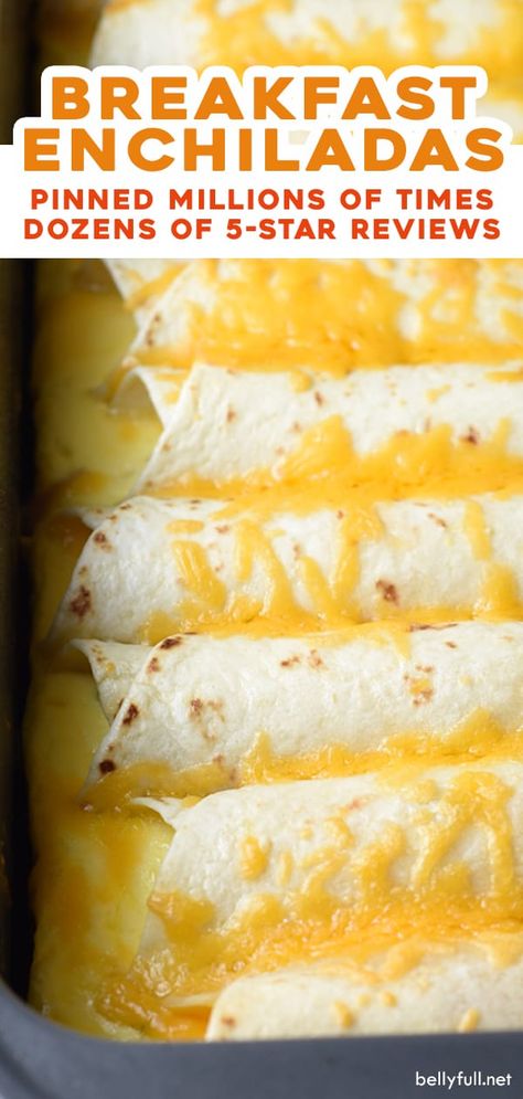 This Make-Ahead Breakfast Enchiladas recipe is a super easy and delicious casserole that can be made the night before and baked the next day for breakfast or brunch! Use ham, bacon, sausage, flour tortillas or corn tortillas - whatever you like! Ham And Cheese Breakfast Enchiladas, Bacon Breakfast Enchiladas, Freezer Tortilla Recipes, Overnight Breakfast Enchiladas Recipe, Breakfast Casadilla Recipes, Baked Breakfast Tacos, Overnight Mexican Breakfast Casserole, Gluten Free Breakfast Enchiladas, Easy Breakfast Ideas With Tortillas