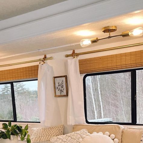 Rv Curtains Diy Travel Trailers, Rv Window Curtains, Rv Curtain Rods, Rv Cottage Style, Winnabego Rv Remodel, Rv Privacy Curtain Ideas, Curtains In Camper, Camper Living Room Remodel, Travel Trailer Living Room Ideas