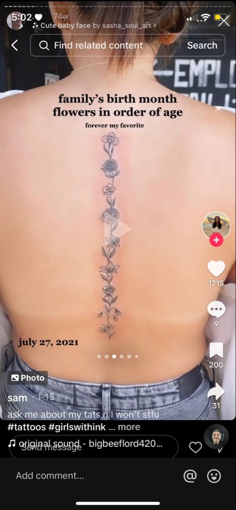 September Birthday Tattoo Ideas, September Spine Tattoos, December Flower Spine Tattoo, Spine Tattoos For Women July Birth Flower, Spine Tattoos For Women Birth Flower, Birth Month Flower Spine Tattoo, Spine Tattoos Birth Flower, January Birth Flower Spine Tattoo, February Birth Flower Spine Tattoo