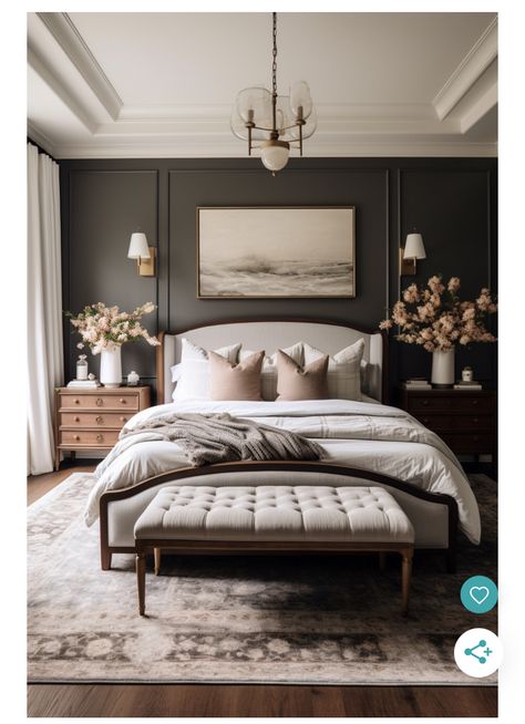 Black Fox Bedroom, Dark Brown And Gold Master Bedrooms, Bedrooms With Hardwood Floors And Rugs, Madter Bed, Updated Bedroom Ideas, Moody French Country Bedroom, Transitional Primary Bedroom, Master Bedrooms Grey, Dark Wood Floor Bedroom