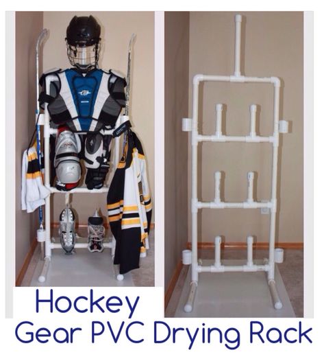 PVC Hockey Gear Drying Rack I can't find instructions, only pictures but this would work for my son's gear. I suppose going by the image will have to do or just google it. Hockey Pvc Drying Rack, Gear Drying Rack, Hockey Gear Drying Rack, Hockey Gear Storage, Hockey Equipment Drying Rack, Hockey Equipment Storage, Hockey Drying Rack, Hockey Organization, Hockey Diy