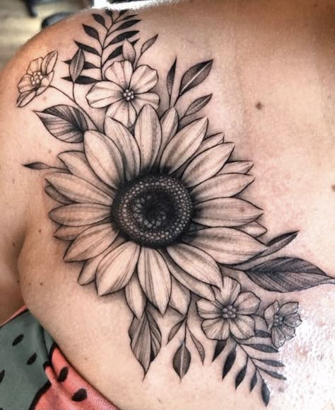 Sunflower Tattoo With Shading, Sunflower Tattoo Designs For Women, Sunflower Tattoo Lower Back, Sunflower Tattoo On Chest, Sun Flower Tattoos For Women, Shoulder Tattoo Sunflower, Sunflower And Poppy Tattoo, Sunflower Arm Tattoo Half Sleeves, Sunflower Shoulder Tattoos For Women