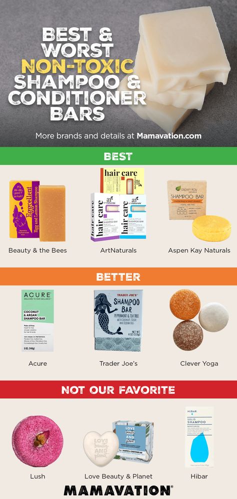 Looking for ways to cut down on fossil fuels and plastic in your personal care? Love the idea of shampoo & conditioner bars, but some brands use chemicals problematic to the oceans! That's not the point! Mamavation looked at all the most popular shampoo & conditioner bars to bring you the brands that are best to our Planet! Discover the best & worst non-toxic shampoo & conditioner bars on Mamavation! Best Bar Shampoo And Conditioner, Non Toxic Conditioner, Non Toxic Shampoo And Conditioner, Organic Shampoo And Conditioner, Lush Shampoo Bar, Argan Shampoo, Coconut Shampoo, Tea Tree Shampoo, Organic Recipes Healthy