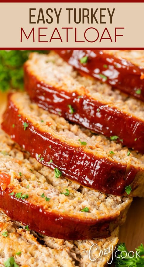 turkey meatloaf with a red glaze stacked next to each other Turkey Meatloaf Recipe Easy, The Cozy Cook Recipes, Cozy Cook Recipes, Easy Turkey Meatloaf, Sandwiches Healthy, Ground Turkey Meatloaf, Turkey Meatloaf Recipe, The Cozy Cook, Healthy Turkey Recipes