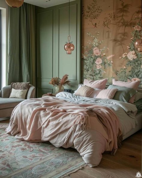 Mint Green Room, Green Room Design, Pink Green Bedrooms, Mint Green Rooms, Fall Bedroom Ideas, Bed Headboard Design, Cozy Fall Bedroom, Sage Green Bedroom, Feminine Bedroom