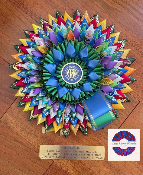 Rosette Ribbon Display, Show Ribbon Crafts, Dog Show Ribbon Display Ideas, Dog Ribbon Display Ideas, Show Ribbon Display Ideas, Livestock Aesthetic, Rosette Display, Award Ribbon Display, Ribbon Quilts