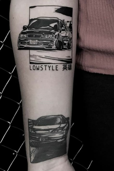 Drifting Tattoo, Jdm Car Tattoo Ideas, Japanese Car Tattoo, E36 Tattoo, Jdm Tattoo Ideas, Car Related Tattoos, Car Tattoo Ideas For Men, Auto Tattoo Ideas, Car Related Tattoos For Men